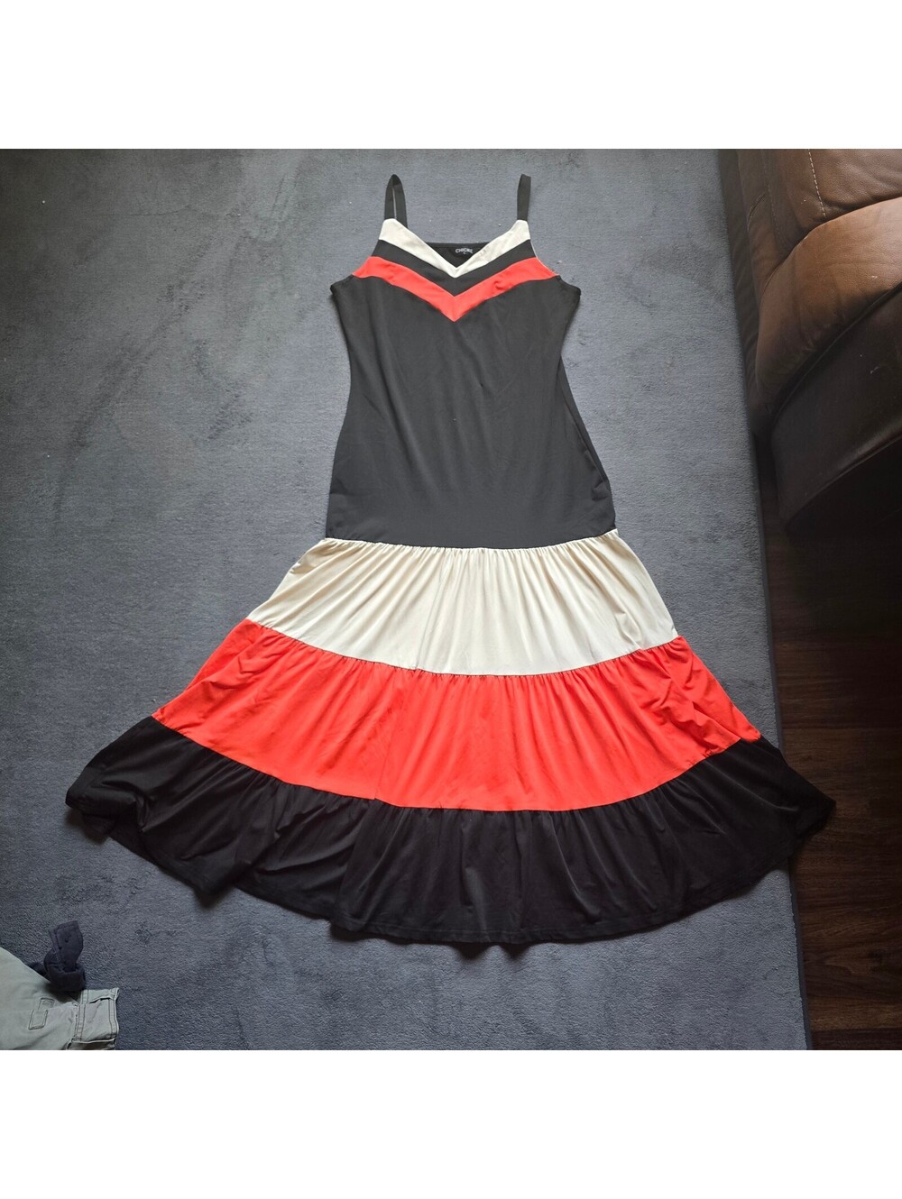 ChicMe Colorblock Tiered Maxi Dress Chevron V-Neck Cami Black Coral Cream L